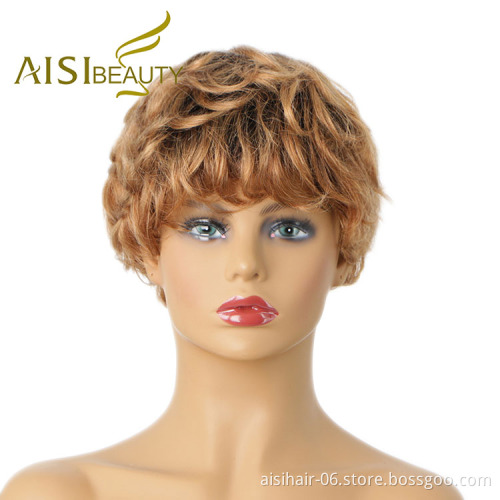 Aisi Hair Glueless Natural Kosher Wigs Brazilian In Dubai 150% Density Ombre Brown Pixie Cut Curly Wave Wig Human Hair